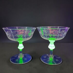 Uranium Glass Etched Laurel Leaf Champagne Coupes Vaseline Stem Cups Set READ